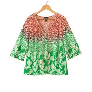 Lane Bryant Womens 14/16 Orange Green Floral Ombre Tunic Boho 3/4 Sleeve Top